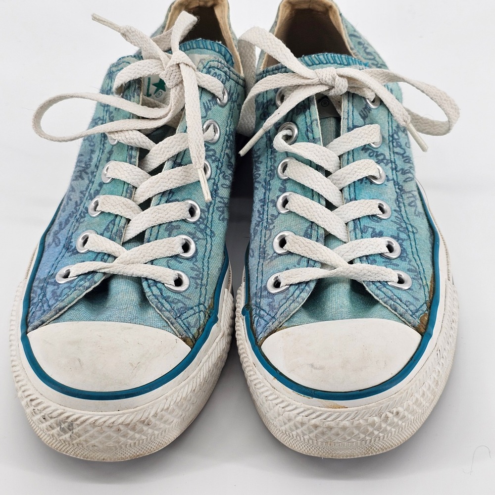 Converse Chuck Taylor All Star Womens 7 Teal Blue Script Print Low Top Sneakers - Picture 2 of 14